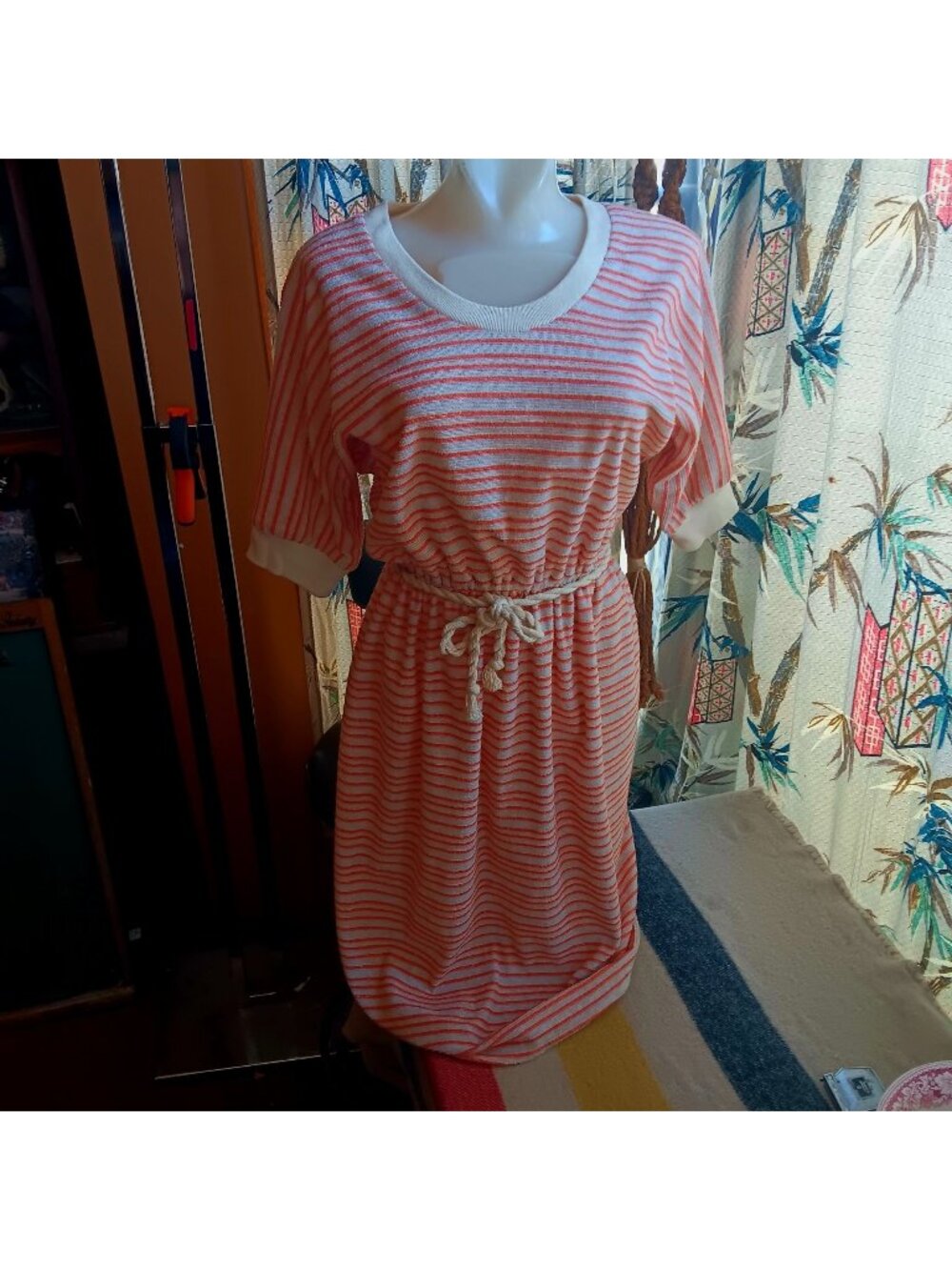 Vintage 1980s sz 10 Medium Toni Todd Striped Knit Terry Dress With Rope Belt